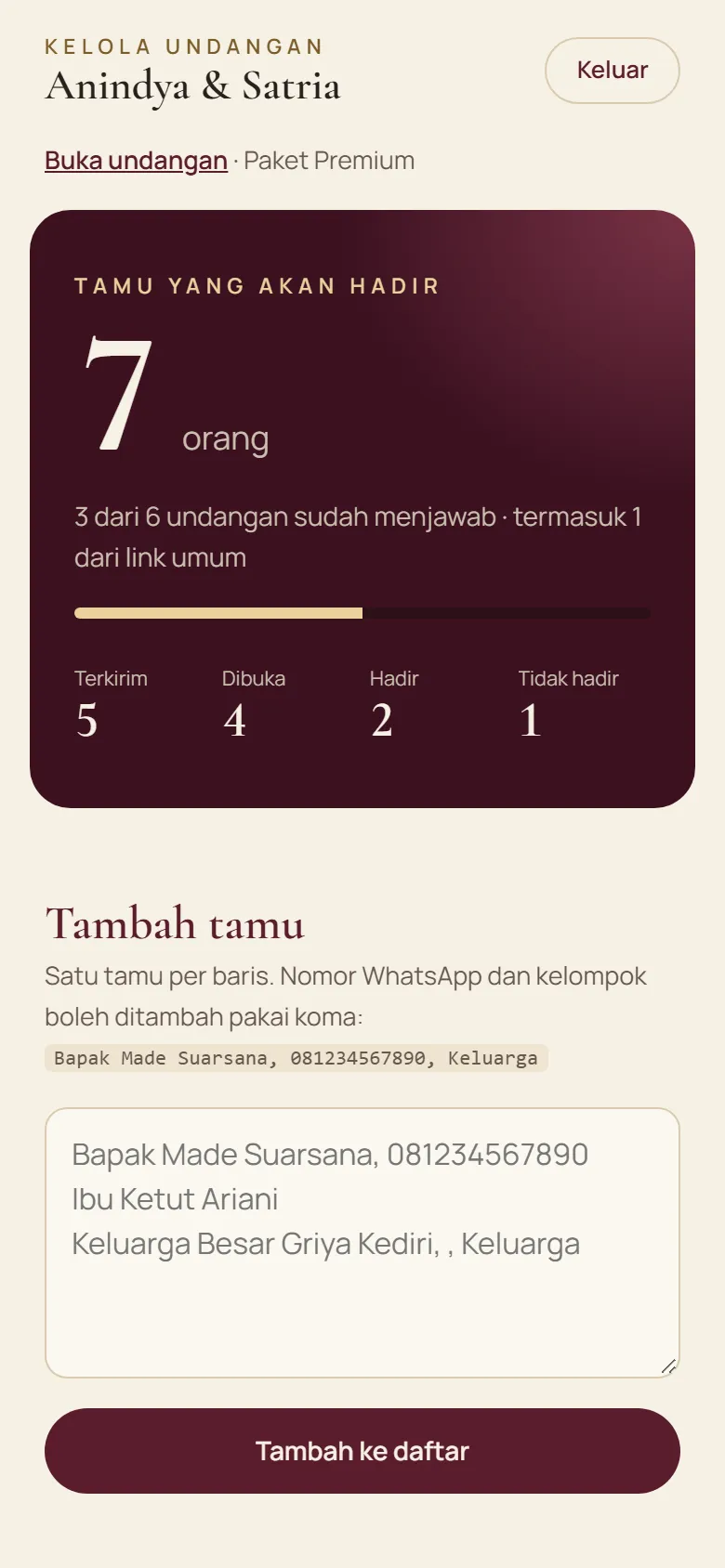 Halaman pengelola: tamu yang akan hadir 7 orang, 3 dari 6 undangan sudah menjawab
